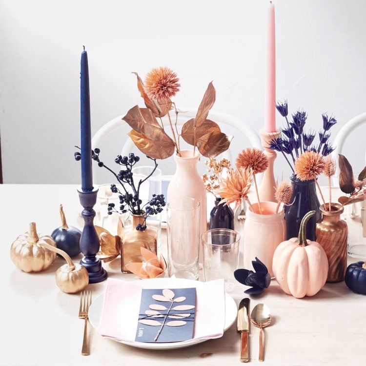 Modern autumn decoration in copper, rose gold and royal blue