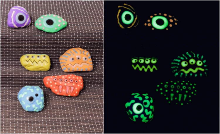 Steine bemalen wie lustige Monster zu Halloween mit Nachtleuchtfarbe