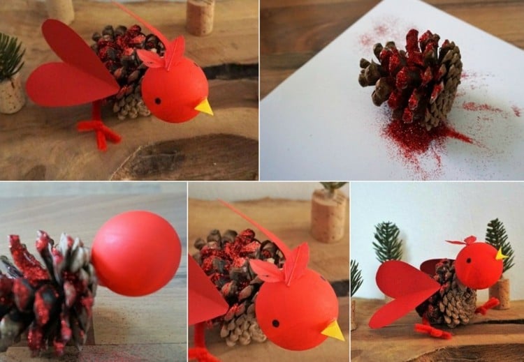 Tiere basteln aus Tannenzapfen - Roter Vogel mit Herz und Tischtennisball