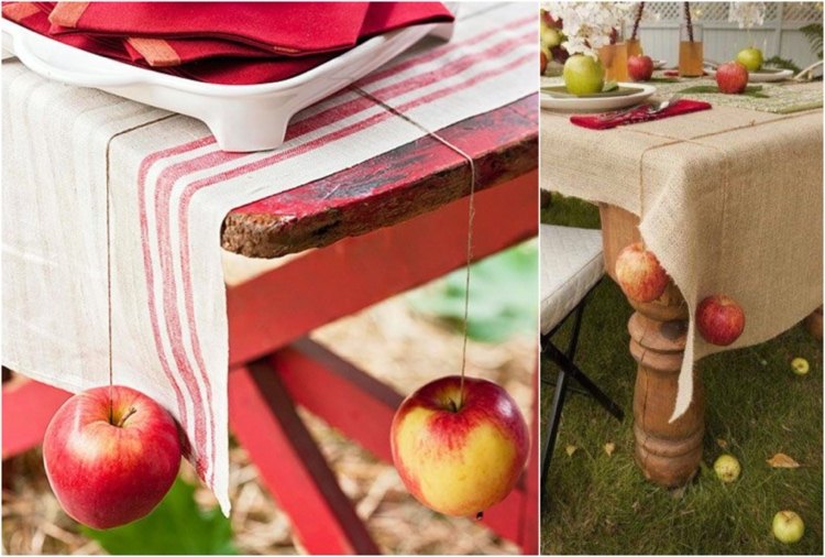 Make tablecloth weights yourself with apples and jute for autumn parties