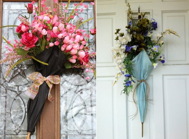 Alternative door wreath with umbrellas in any color and with flowers