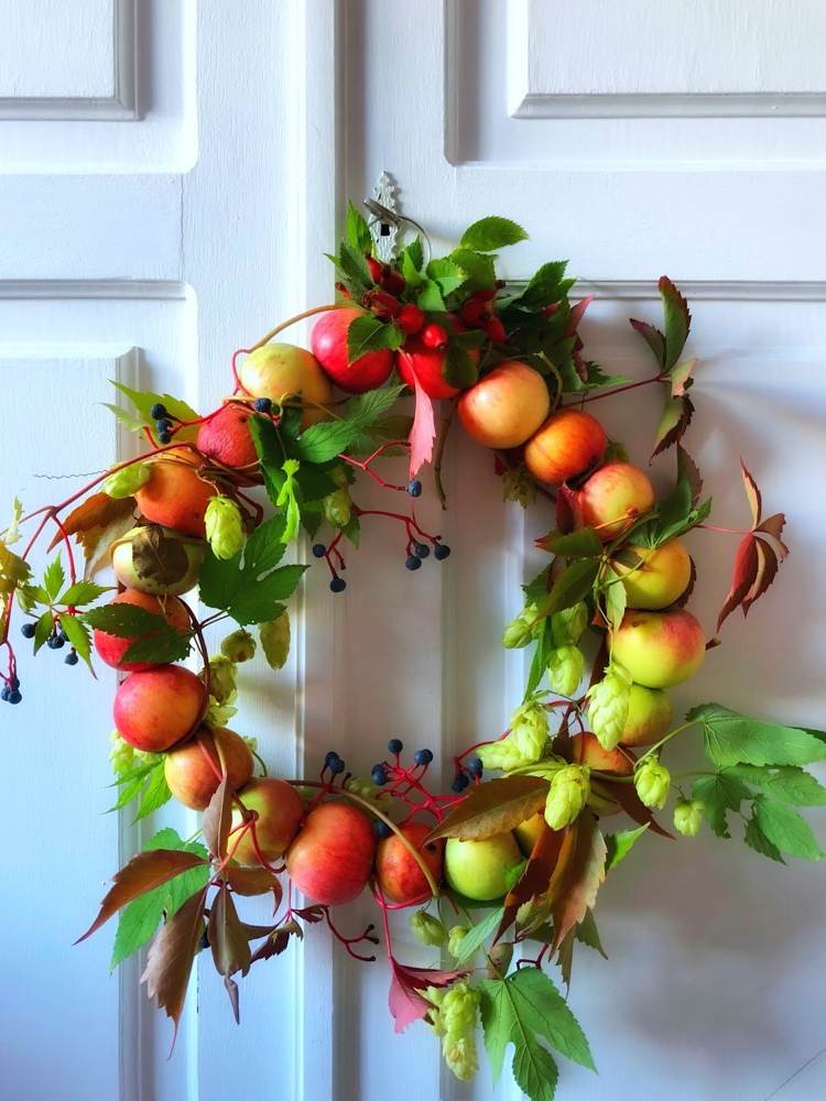Door wreath made of apples, wild vines and hops in autumn