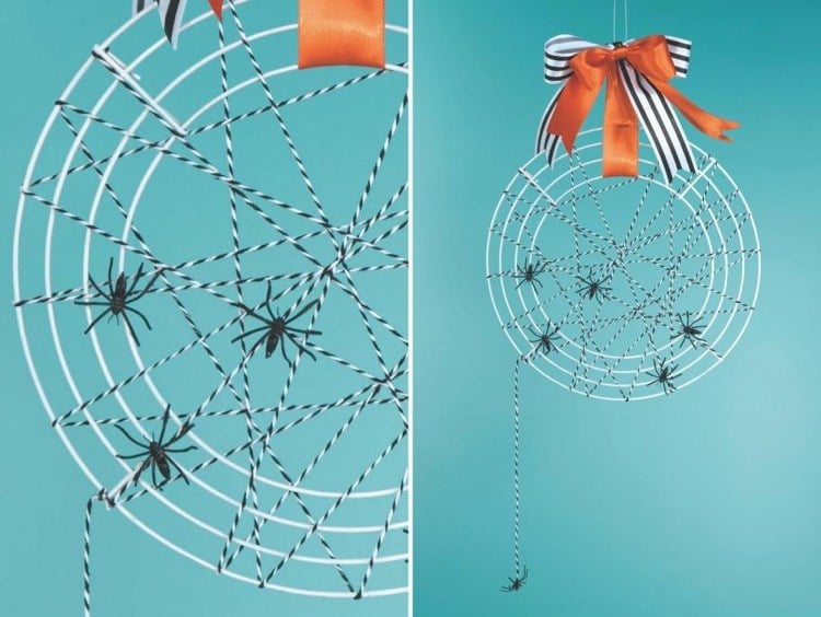 Türkranz aus Metall mit Spinnennetz aus Bindfaden basteln