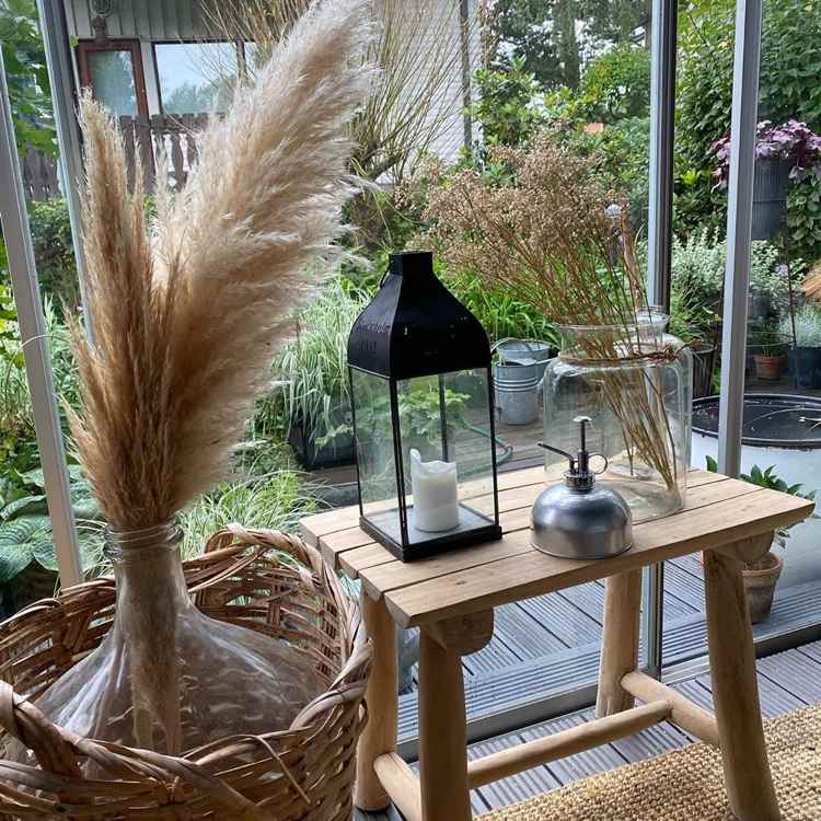 Ornamental grasses and dried flowers as autumn decorations on the terrace