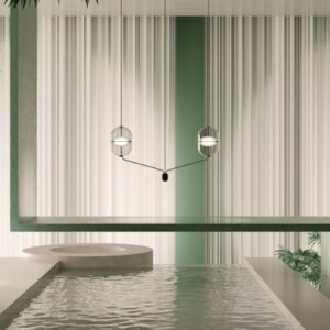 außergewöhnlich mit wasser in der mitte gestaltetes wohnzimmer und skandinavischer minimalismus mit pendelleuchte als highlight