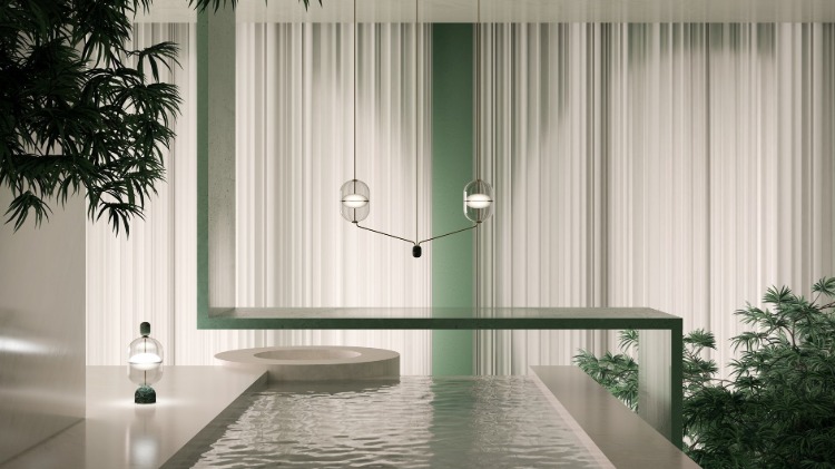 außergewöhnlich mit wasser in der mitte gestaltetes wohnzimmer und skandinavischer minimalismus mit pendelleuchte als highlight