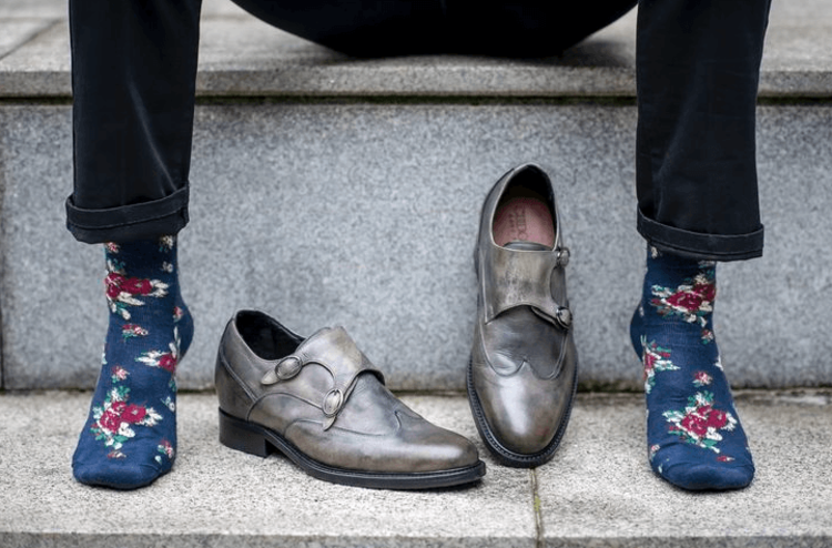 combine floral patterns on blue socks with matching shoes for elegant occasions