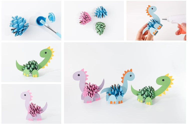 diy bunte dinosaurier aus tannenzapfen und karton