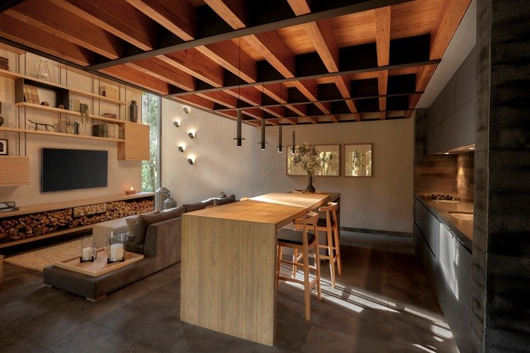 gemütlicher wohnraum mit balken aus kiefer an der decke und eingebauter küche