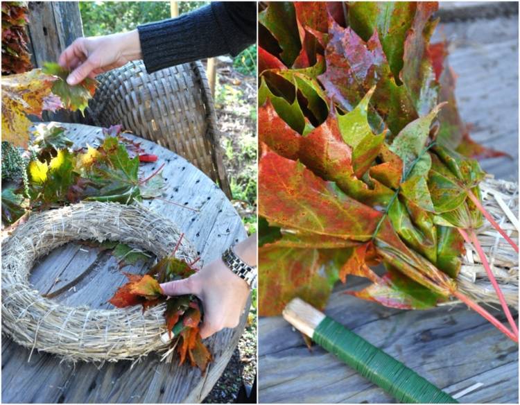 autumn wreath made of leaves and straw ring