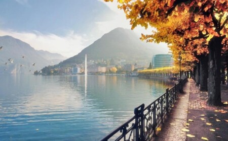 luganersee im herbst mit gelben baumblättern und nach süden fliegenden vögeln