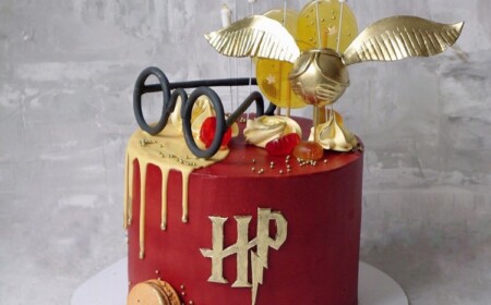 rote Harry Potter Torte mit eleganter Tortendeko in gold