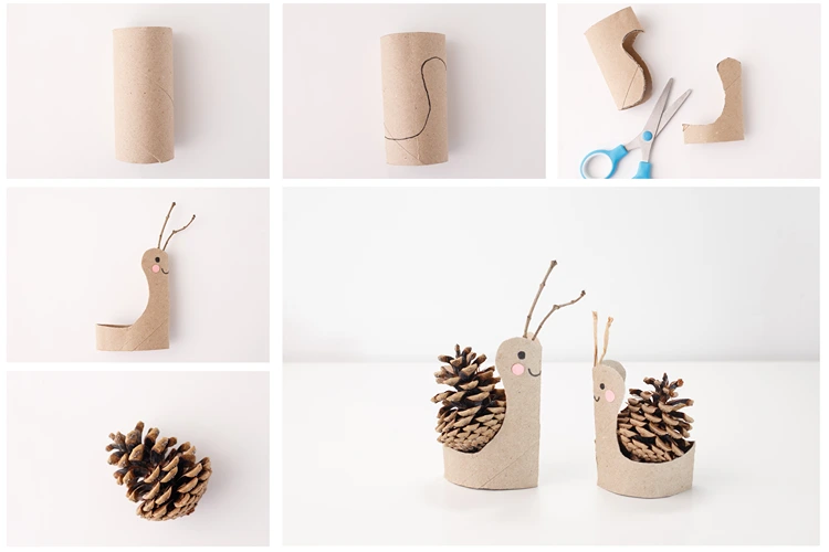 schnecken basteln aus tannenzapfen und klorollen