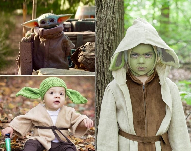 Baby Yoda als Verkleidung zu Halloween selber machen mit beiger Kapuzenjacke