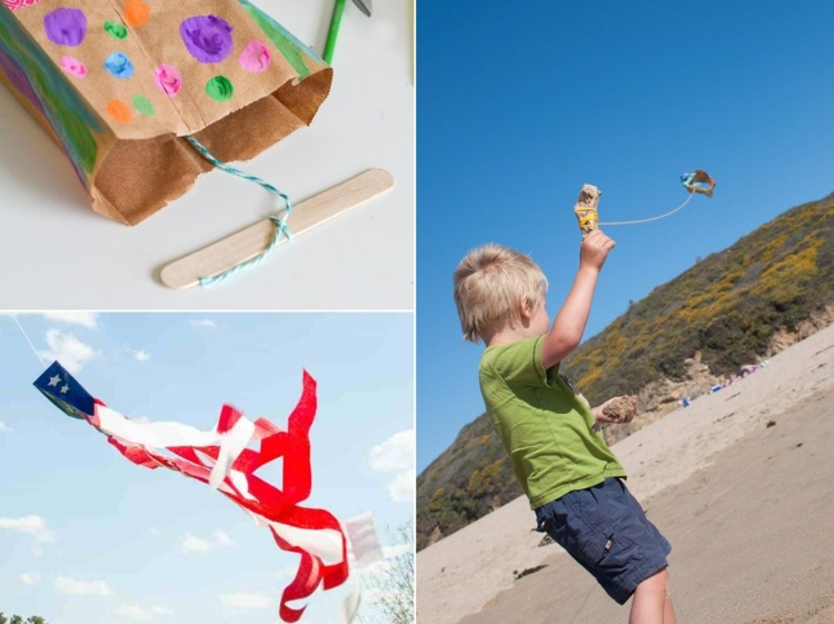 Drache fliegen lassen mit Kindern - Einfacher Lenkdrache aus einer gestalteten Papiertüte