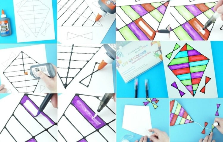 Drache mit bunten Mustern aus Wasserfarben-Stiften - Ausschneiden und ausmalen lernen für Kinder