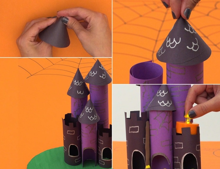 Einfaches Halloween Schloss aus Papiertürmen und Kegeln aus Papier für die Dächer