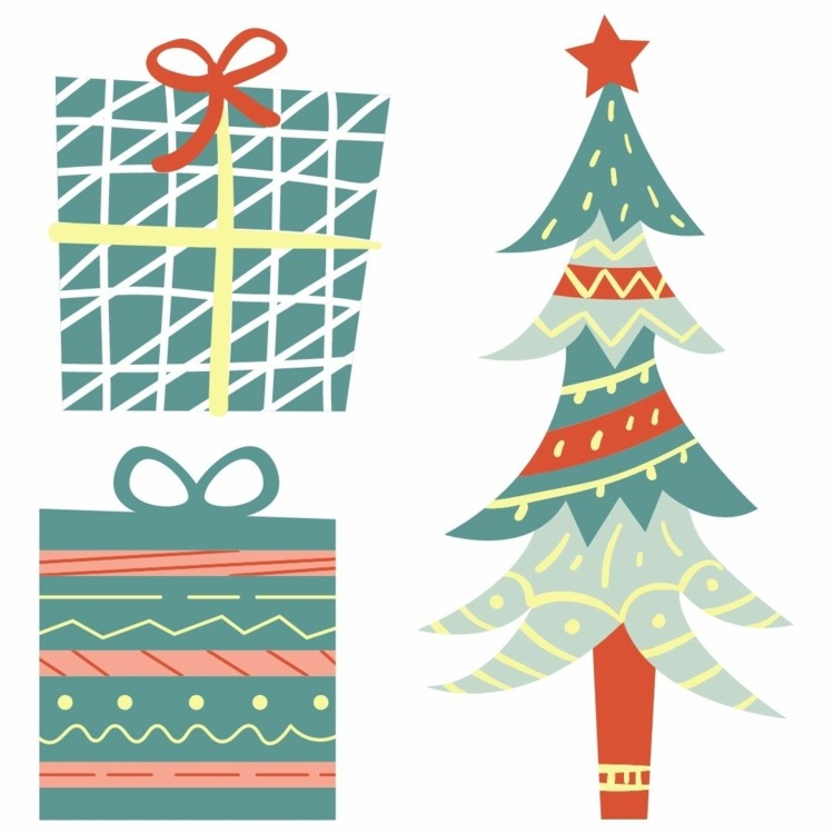 Geschenke und Weihnachtsbaum mit Stern zum Gestalten der Fenster im Haus