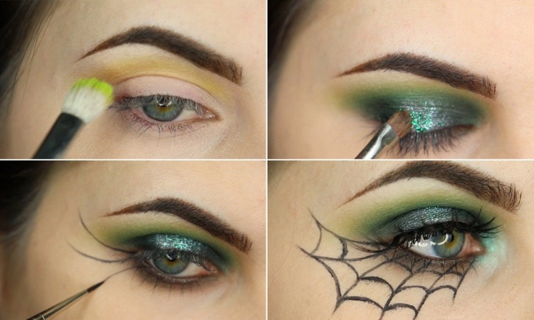 Halloween Augenschminke in Grün mit Spinnennetz Eyeliner