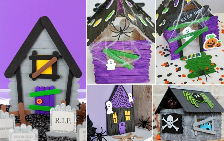 Halloween Bastelidee mit Eisstielen - Spukhaus aus Holz selber machen