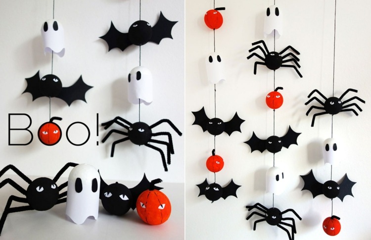 Halloween Deko basteln mit Kindern - Girlanden aus Spinnen, Fledermäusen, Kürbissen und Gespenstern