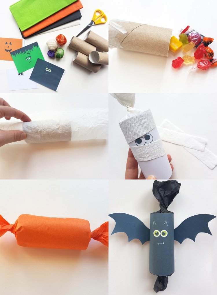 Halloween Piñata klein aus Toilettenpapierrollen basteln Anleitung