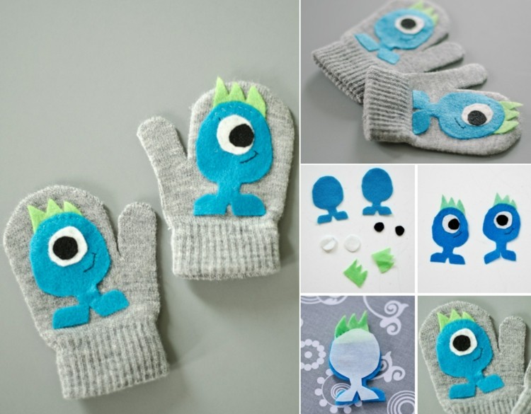 Handschuhe für Kinder dekorieren mit Filz ohne Nähen - Kleine Monster basteln