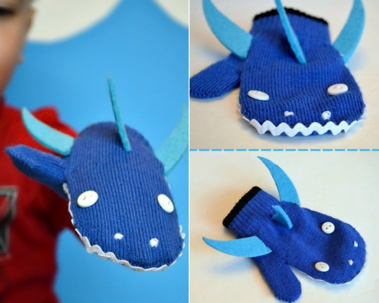 Handschuhe für Kinder in einen Hai verwandeln - Fäustlinge mit Filz dekorieren