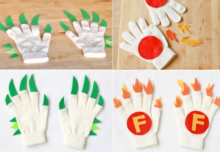 Handschuhe für Kinder upcyceln und in Monsterklauen verwandeln oder mit Flammen gestalten