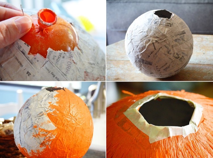 Kürbis Halloween Piñata basteln aus Luftballon und Zeitungspapier und Klebstoff