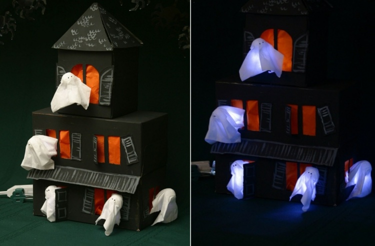 Laterne als Halloween Bastelidee - Spukhaus aus Taschentuchbox mit Gespenstern