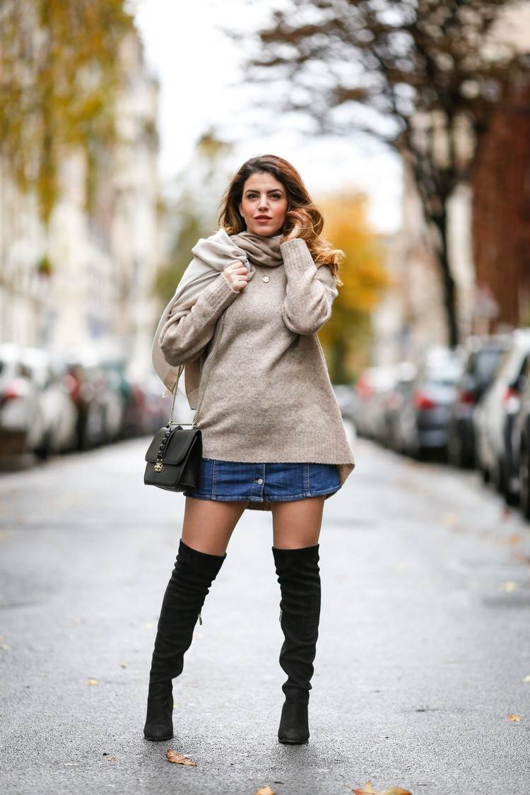 Mini Jeansrock kombinieren für den Herbst Overknee Stiefel Outfits