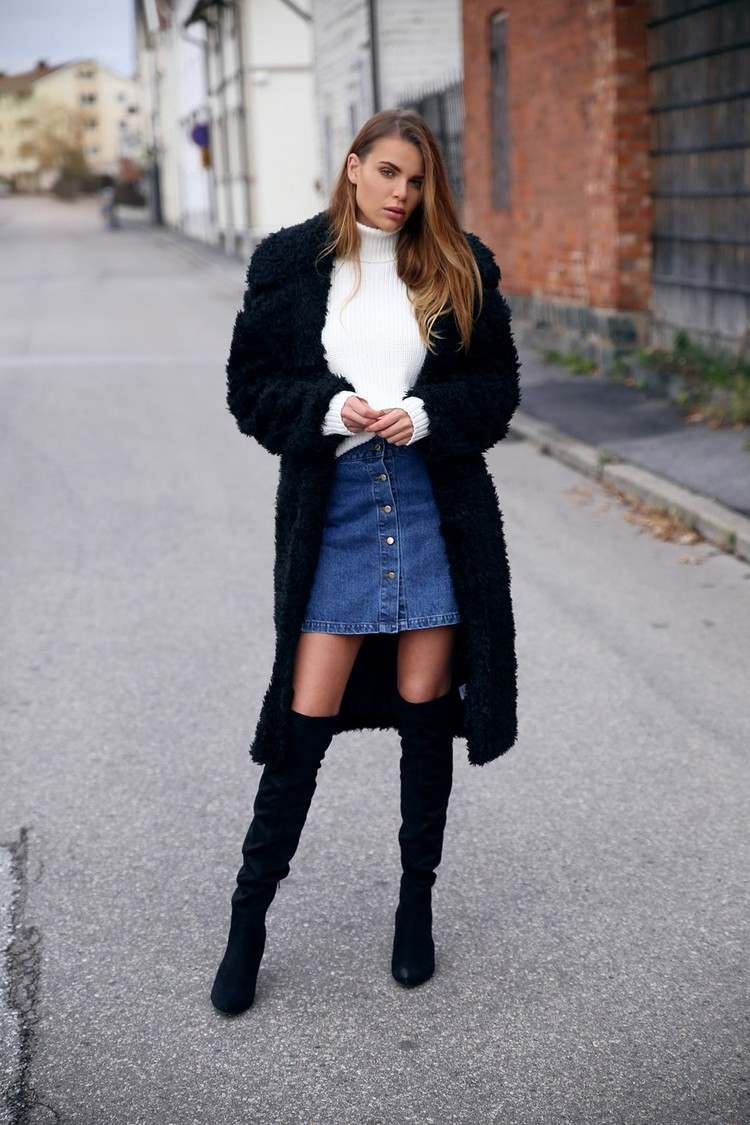 Overknee Stiefel Trend Winter 2020 Herbst Outfit mit Jeansrock