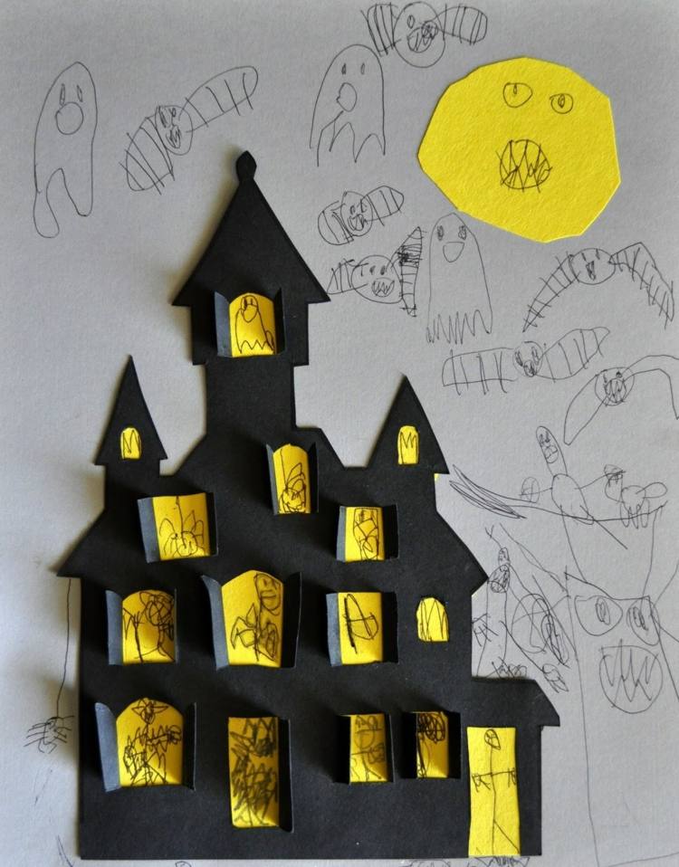 Schöne Halloween-Bastelei für Kinder - Bild mit 3D-Geisterhaus