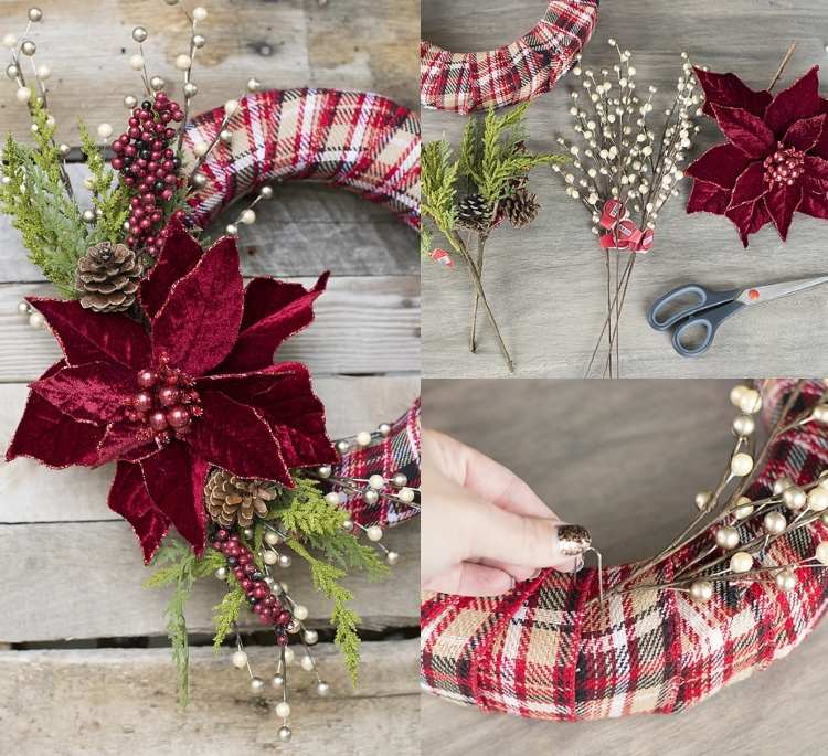Türkranz Weihnachten rot mit Karostoff umwickeln Kunstblumen und Zypressenzweigen und Hagebutte