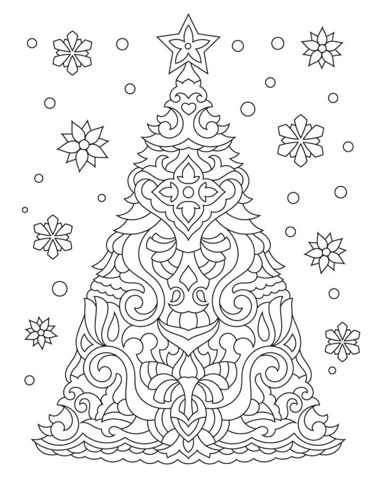 Verschnörkelter Weihnachtsbaum und Schneeflocken als Fensterbild