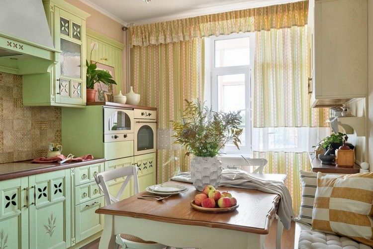 Vintage Küche in grün gelb Gardinen mit Muster
