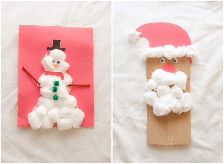 Weihnachtsbasteln mit Kleinkindern Papier und Watte Schneemann Weihnachstmann