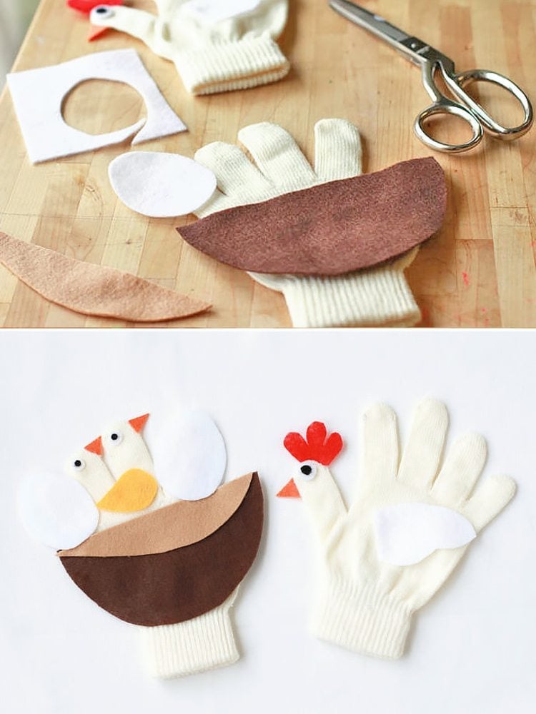 Witzige Bastelidee mit Handschuhen - Hühner selber machen mit Filzstoff