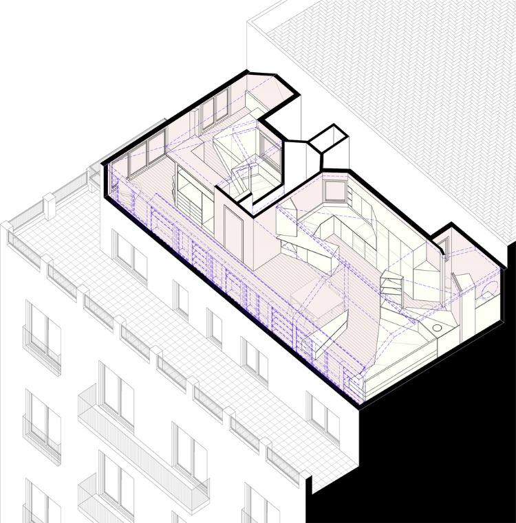 axonometrische projektion einer dachgeschosswohnung in barcelona mit engen räumen