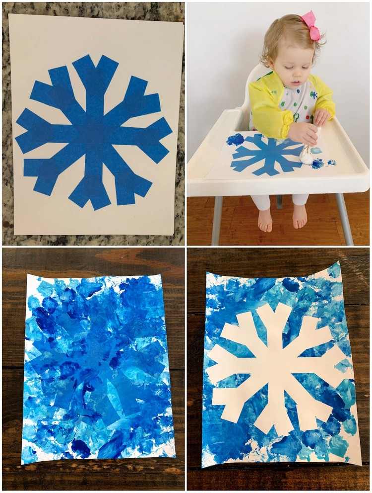 Weihnachtsbasteln mit Kleinkindern einfache Bastelidee Schneeflocke malen
