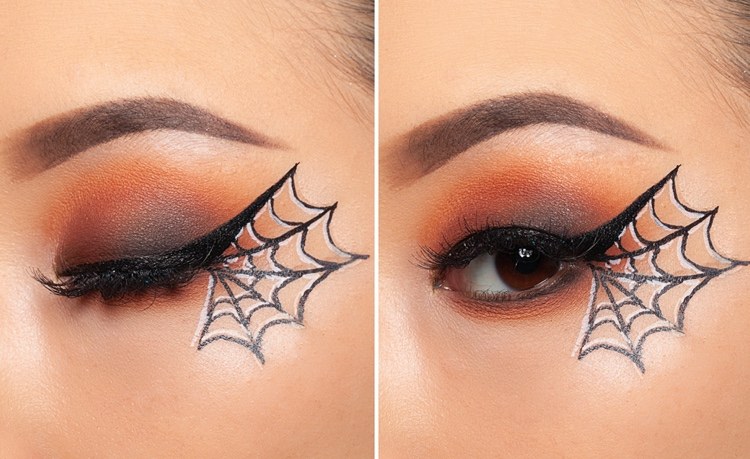 halloween augen make-up in orange mit spinnennetz