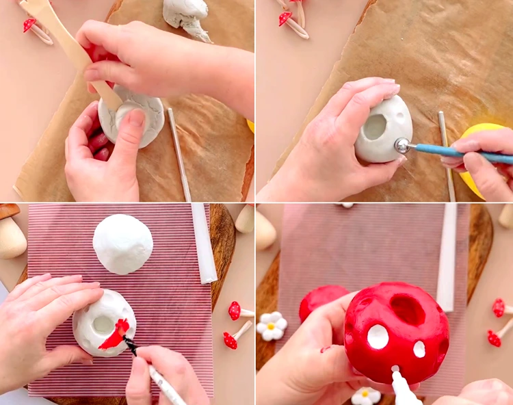 Hut und Pilzstiel zusammenkleben und Fliegenpilz bemalen