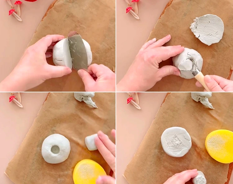 Kugel aus Ton halbieren für den Pilzhut und Rolle formen