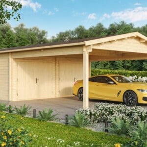 Großraumgarage aus Holz mit Überdachung und zwei zusätzliche Parkplätze