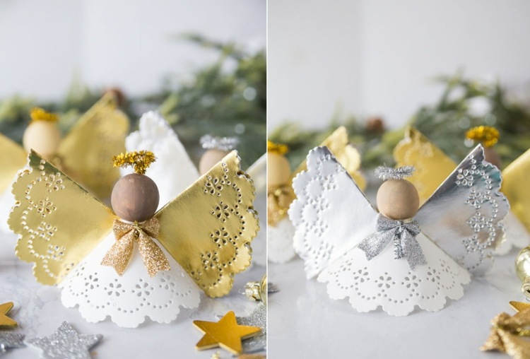 Kleine Engel basteln mit Tortenspitze zu Weihnachten in Gold und Silber