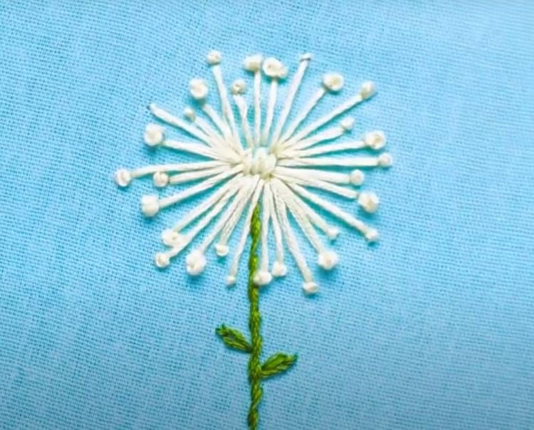Kreative Pusteblume aus weißem und grünem Stickgarn