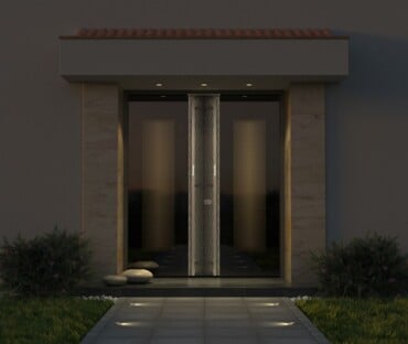 Moderne zweiflügelige Haustür aus Glas mit 3D Elementen und Beleuchtung