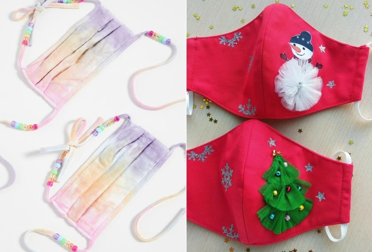 Mundschutzmasken selbst designen - Batik-Technik und weihnachtlich mit Rüschen