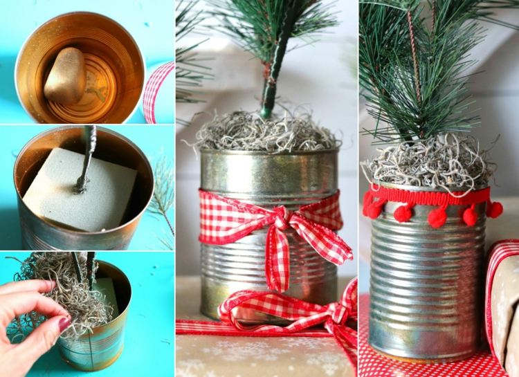 Schnelle und einfache Bastelidee als Upcycling zu Weihnachten - Dosen als Vase für Tannengrün